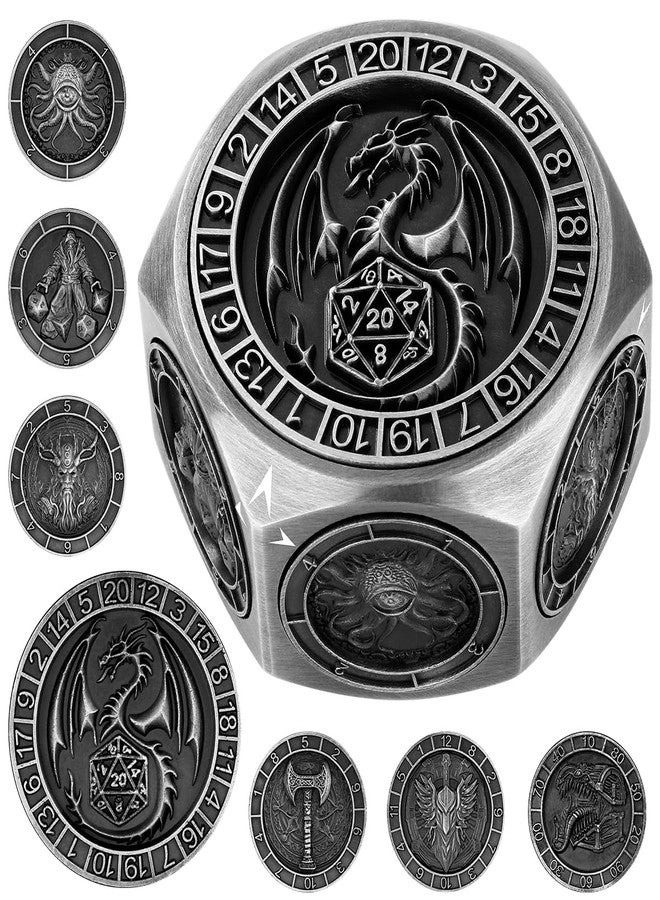DND DADO DND Spinner Dice, 3D Hexagon Relief, 8-in-1 Metal Dice Set, D&D Polyhedral Rotating Game Dice, DND Gifts with Dragon Logo Gift Box, Role Play Board Game Accessories, Dark Silver - Image 1